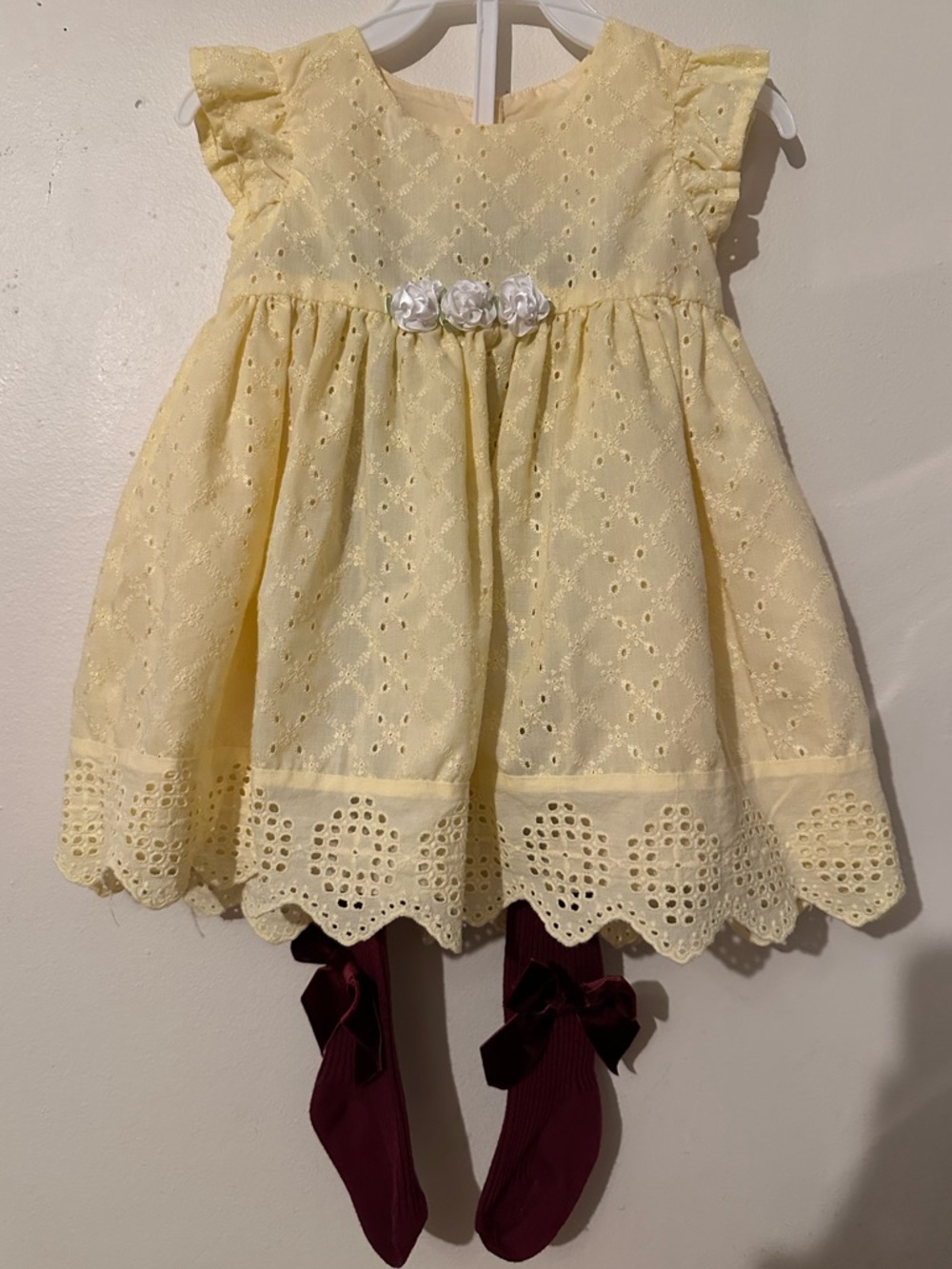Katie May Pale Yellow Eyelet EMBROIDERY Dress with Rosette Accents